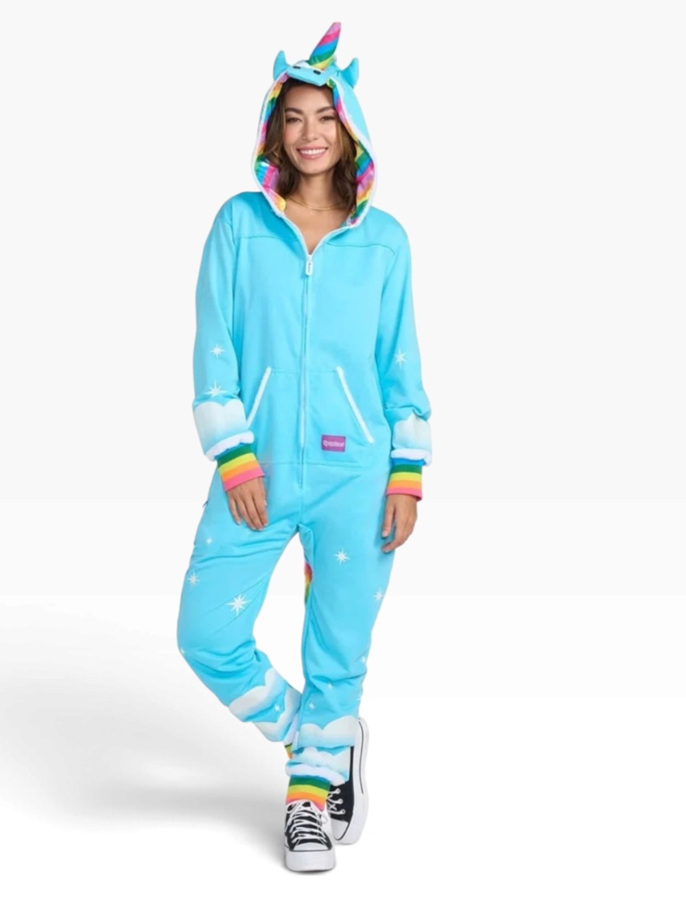 Tipsy Elves Women’s Blue Unicorn Onesie Rainbow Hooded Jumpsuit Costume